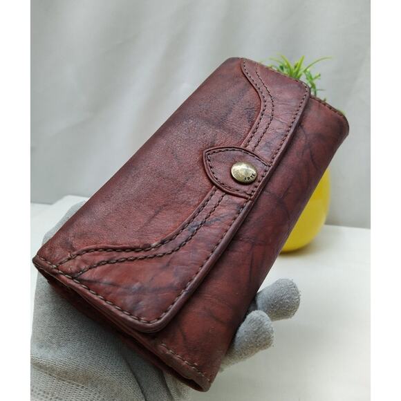 Frye Brown Leather Logo Credit Card ID Window Trifold Long Wallet - Picture 3 of 12